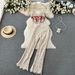 Women's Clothing Spring and summer travel holiday style V-neck tassel suspender tube top + high waist flared pants hook flower two-piece suit_voghion.com