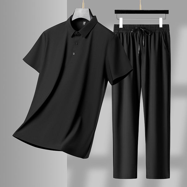 Conjunto informal de camiseta de manga corta y pantalón largo transpirable, sin costuras, con cuello vuelto, para hombre de mediana edad y jóvenes (CT 2025)_voghion.com