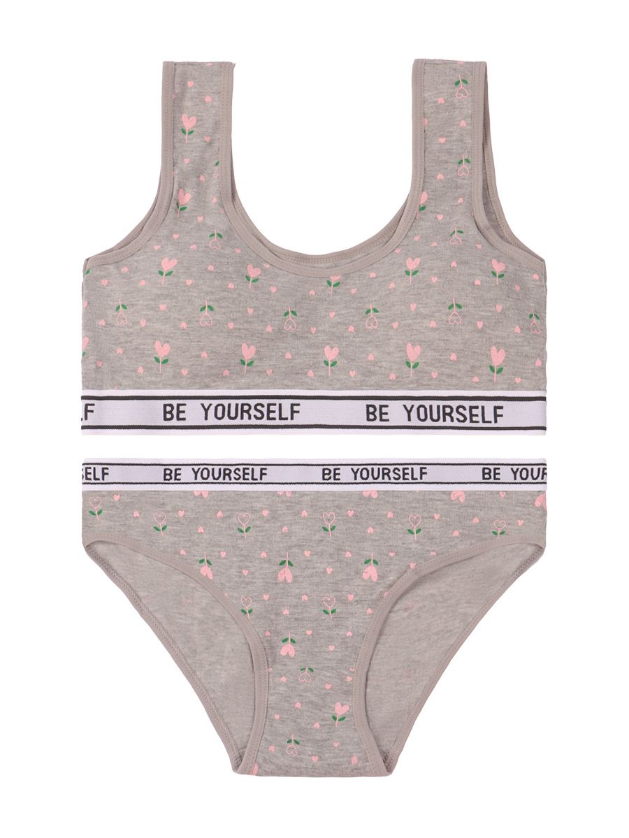 Bedruckte süße Mädchenunterwäsche für die Entwicklungsphase, BH aus Baumwolle, stoßfest, feste Körbchen, Unterhose_voghion.com