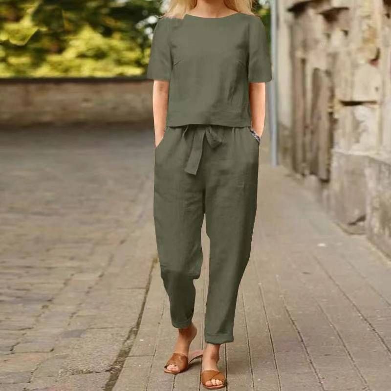 [Baumwollleinen] Sommeranzug aus Baumwolle und Leinen, halbärmeliger Rundhalsausschnitt, übergroße Strickjacke, Hose mit weitem Bein, Retro-Zweiteiler_voghion.com