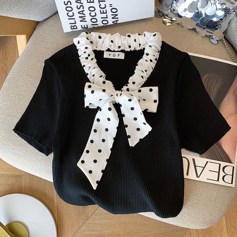 Damenbekleidung Sommer Neues Design Polka Dot Fliege Schlankes T-Shirt Ice Silk Pullover Damen_voghion.com