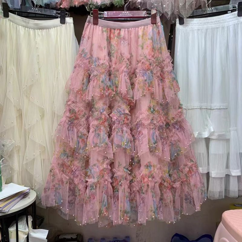 Damenbekleidung Frühling und Sommer Neuer Spitzenspleiß-Netzrock Schwere Perlen bedruckter elastischer Rock mit hoher Taille Midi lang_voghion.com