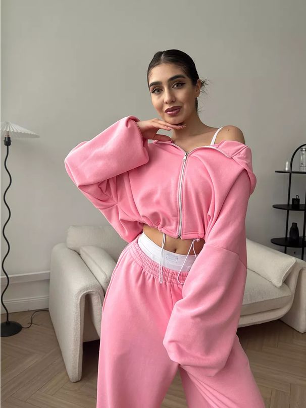 Completo da donna con felpa con zip e pantaloni da jogging – Pullover alla moda in tinta unita e pantaloni con elastico in vita – Completo casual da due pezzi (9 colori disponibili)_voghion.com