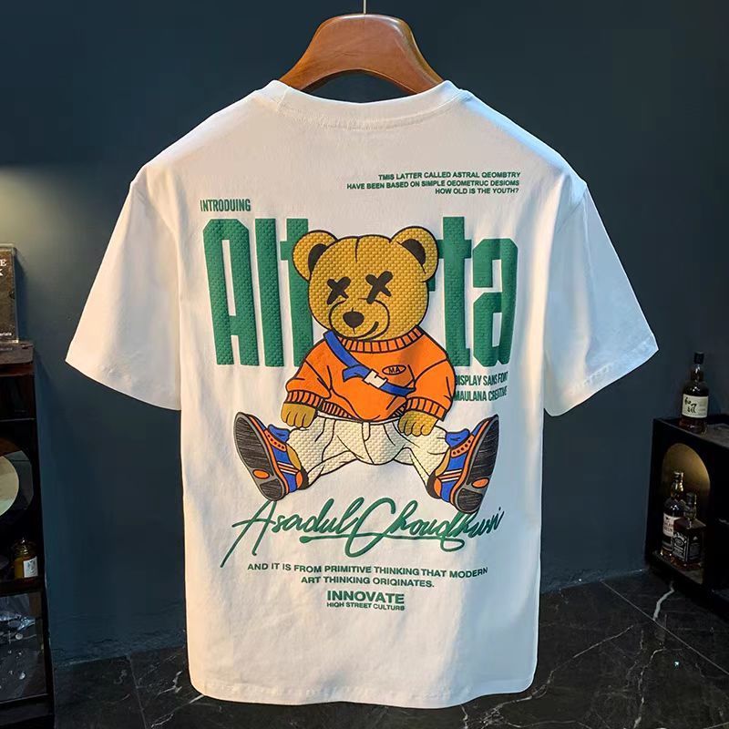 2025 New Summer Short Sleeved Men's Trendy Brand Loose Internet Celebrity Bear Same Style Printed Casual Half Sleeve_voghion.com