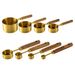 Juego de ocho tazas y cucharas medidoras de acero inoxidable chapadas en oro con mangos de palisandro._voghion.com