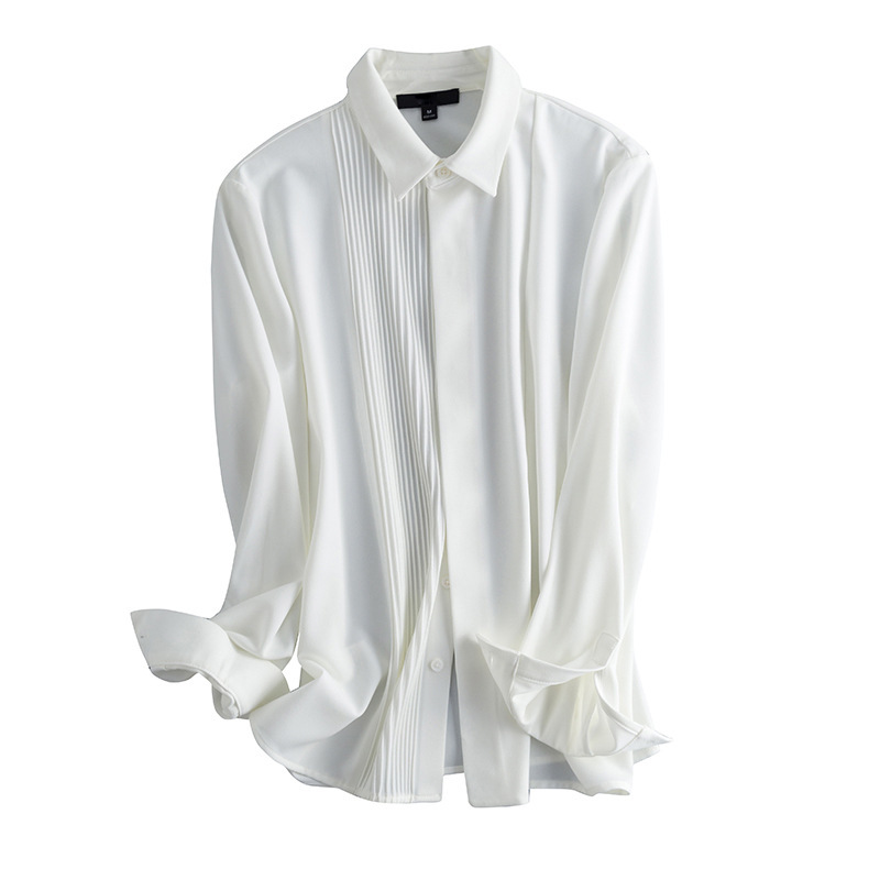 Damenmode Plissee Quadrat Kragen Chiffon weiß Langarmshirt_voghion.com