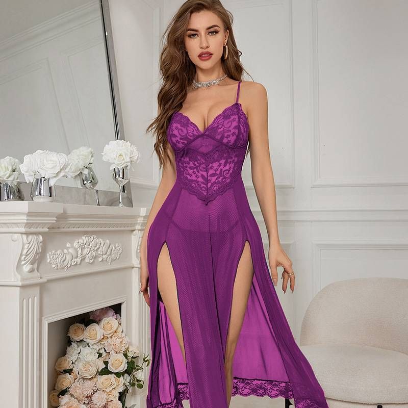 Sexy Lingerie Women's Lace Mesh Slit Long Skirt Home Wear Sexy Women's Night Shirts Long Dress Nightgowns Big Size Dress Pajamas_voghion.com