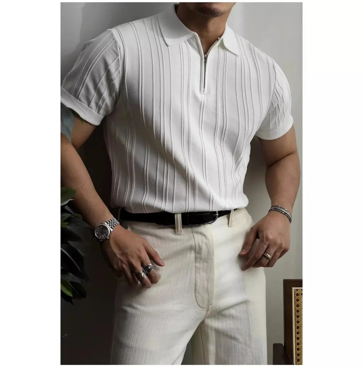 Half Zipper Shirt Men's Short Sleeve Lapel Knitted Tops Handsome Shirt Men's_voghion.com