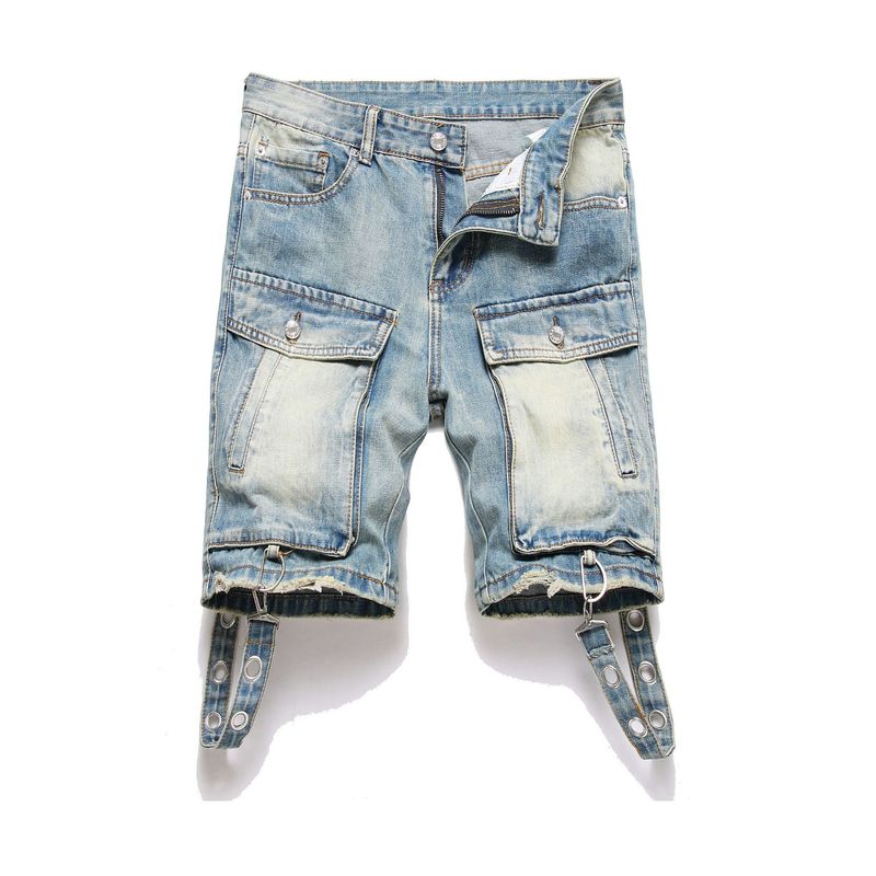 Pantaloni cargo multitasche alla moda, larghi e dritti, con coulisse decorativa, da uomo. Pantaloncini in denim_voghion.com