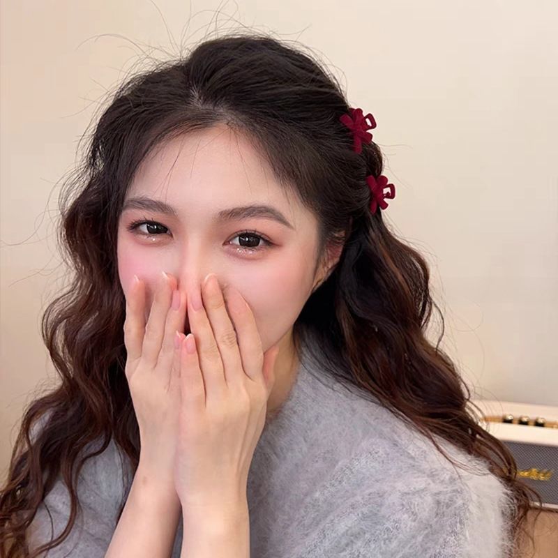 Small bow ~ autumn and winter flocking small clip Net red broken hair bangs hairpin female clip headdress_voghion.com