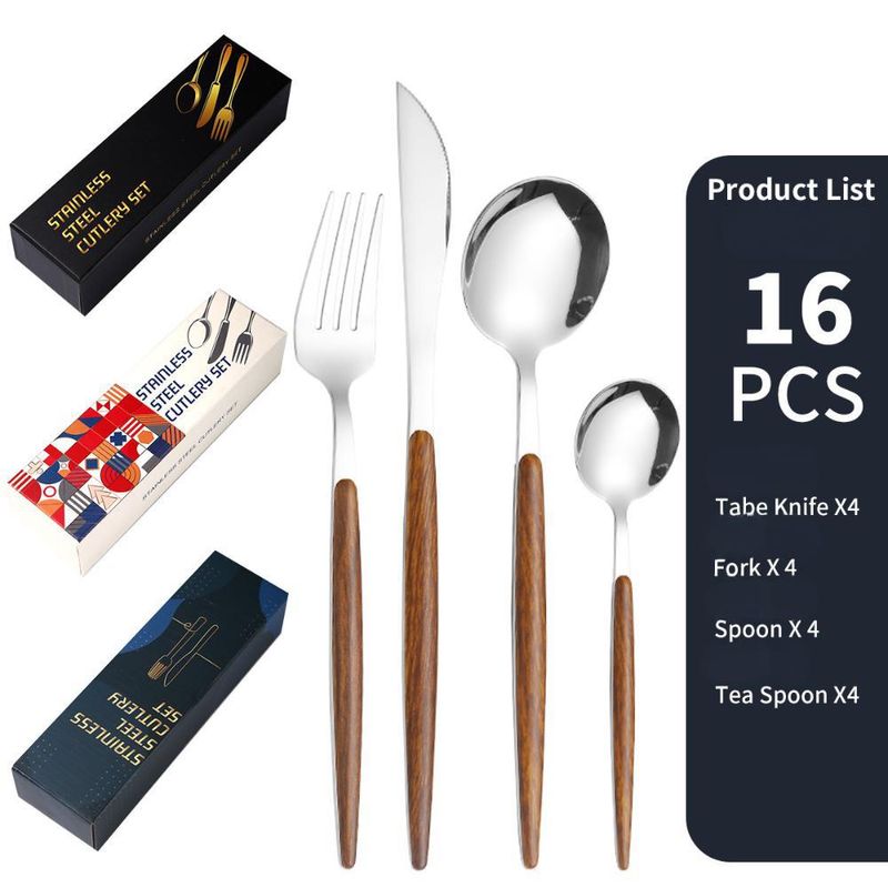 Set de tacâmuri din oțel inoxidabil cu 24 de piese - cuțite și furculițe pentru friptură de calitate 430 cu mâner retro din lemn_voghion.com
