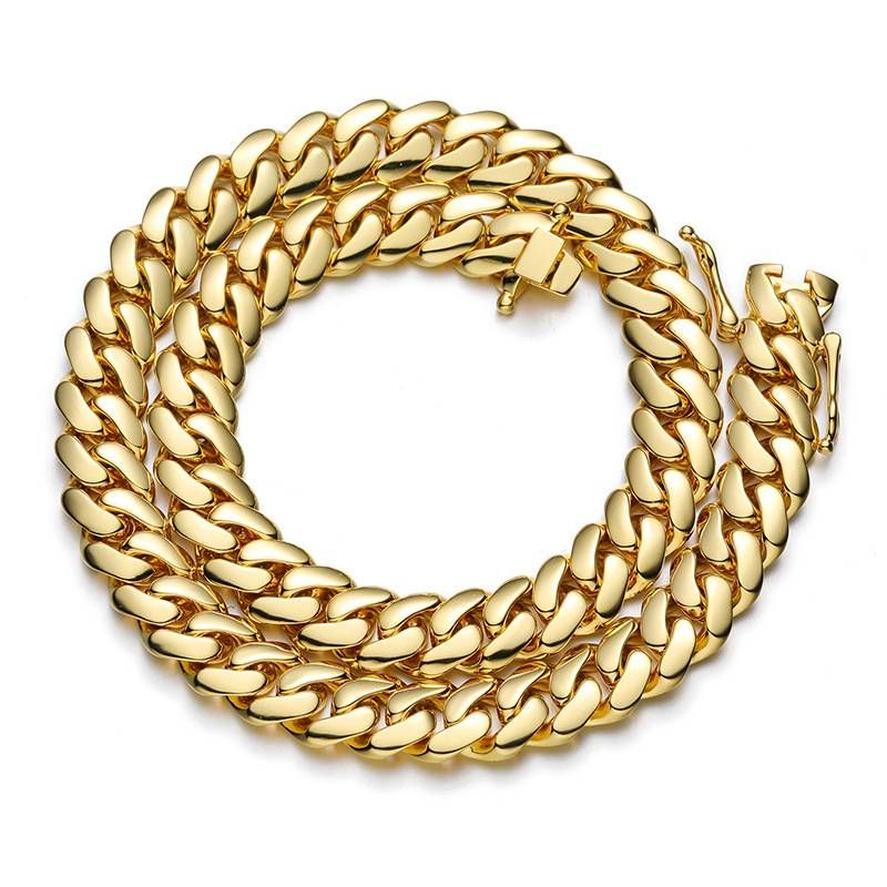 Men's Jewelry 10/12/14/16/18/20/22mm Width Smooth Large Cuban Chain Copper Plated Real Gold Butterfly Buckle Necklace_voghion.com