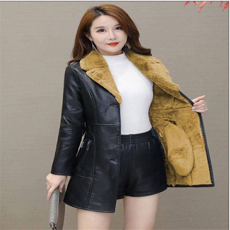 Chaqueta de cuero de otoño e invierno para mujer, chaqueta de terciopelo grueso de longitud media, versión coreana, nueva chaqueta de PU con cintura ajustada y temperamento moderno._voghion.com