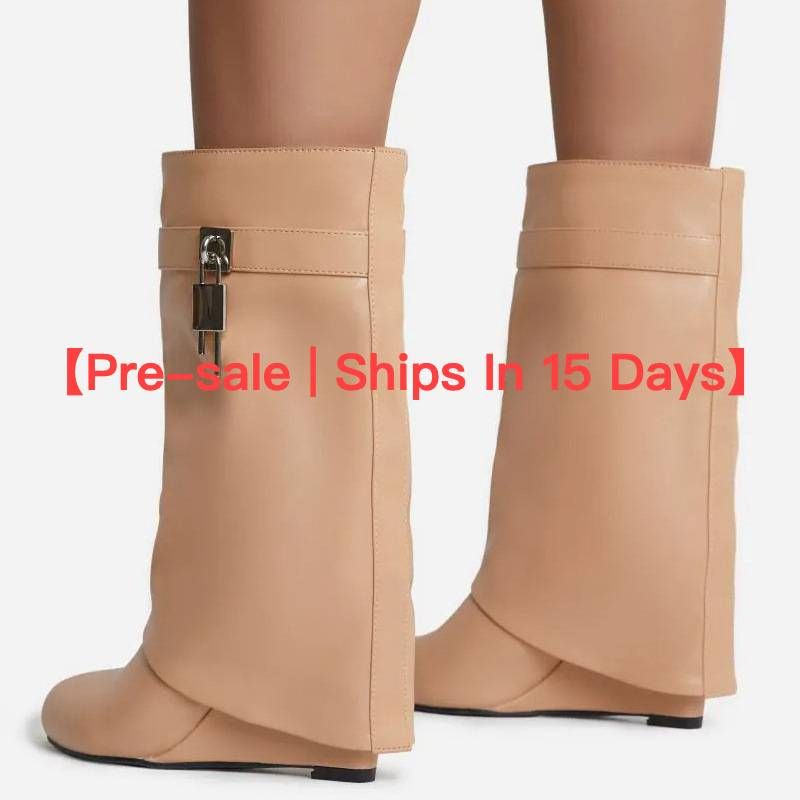 【Vorverkauf | Versand in 15 Tagen】 Vintage große runde spitze High Heels mit Metallverschluss, Keilhose, Stiefel, Übergröße_voghion.com