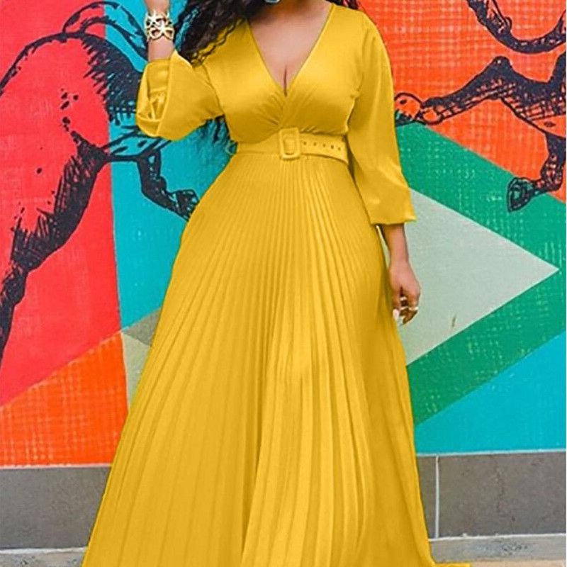 Women's Clothing Yellow High Waist Slim Solid Color Temperament Retro Chiffon Long Sleeve Long Dress (With Belt)_voghion.com