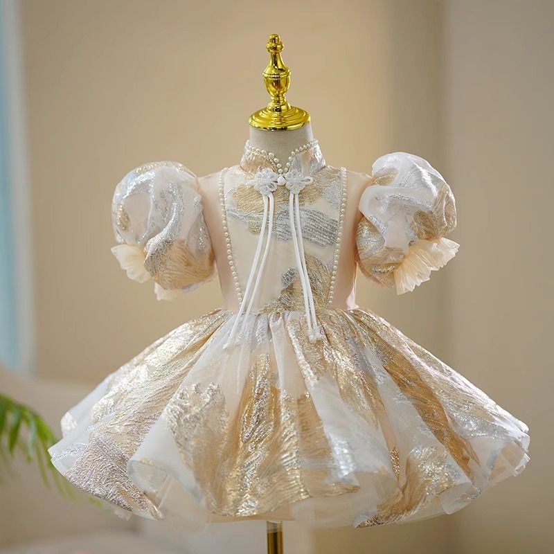 Girl's Champagne Princess Gown - Elegant Chinese-Style Dress For First Birthday & Piano Recitals_voghion.com