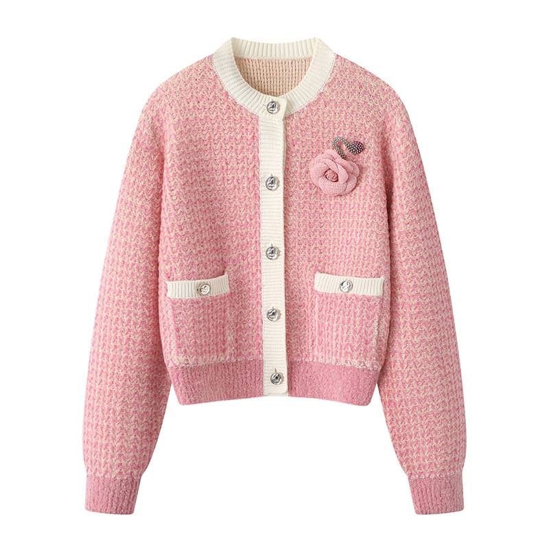 Ropa de mujer Otoño Nuevo suéter de punto rosa con flores tridimensionales para mujer 3H4E548_voghion.com
