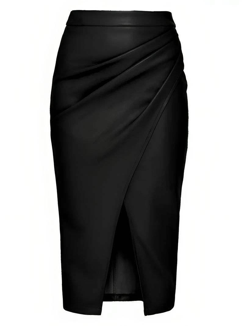 Jupe taille haute en cuir synthétique pour femme – Fente et fermeture éclair sexy pour le printemps/été (noir, XS-XL)_voghion.com