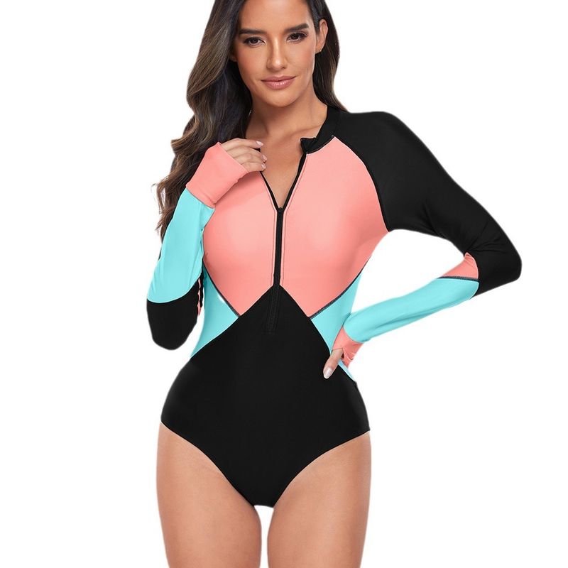 Dames bescheiden badpak met lange mouwen, rashguard UPF 50+, rits aan de voorkant en ingebouwde bh - surfstrandpak met kleurblokken (S-XXL)_voghion.com