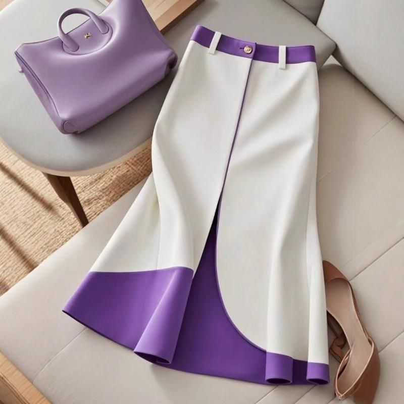 Kadın Giyim Sıcak Stil Küçük Yüksek Bel İnce Drape Etek Mizaç Güzel Mor Ve Beyaz Takım Elbise Etek Kadın Sonbahar_voghion.com
