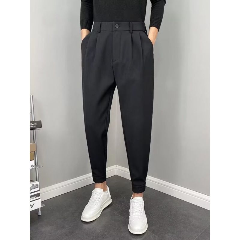 Pantalones ajustados y drapeados de primavera y otoño para hombre, pantalones casuales de nueve puntos de corte entallado a la moda, pantalones de traje rectos de color liso que combinan con todo._voghion.com