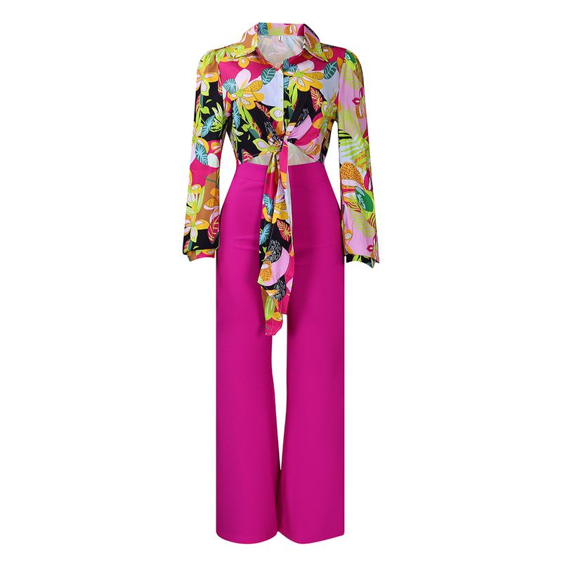 costum de damă de toamnă, cămașă cu mânecă lungă, rever imprimat, top, pantaloni largi, set din două piese_voghion.com