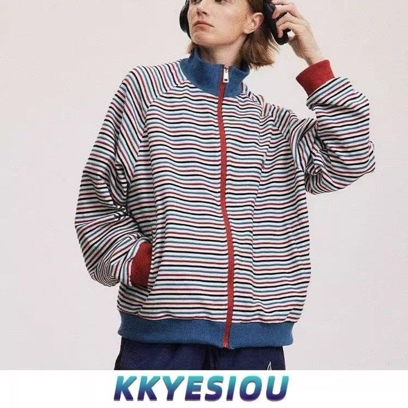 Amerikaanse Contrasterende Lazy Style Kleurrijke Gestreepte Opstaande Kraag Cardigan Sweatshirt Herfst Koppel Rits Jas_voghion.com