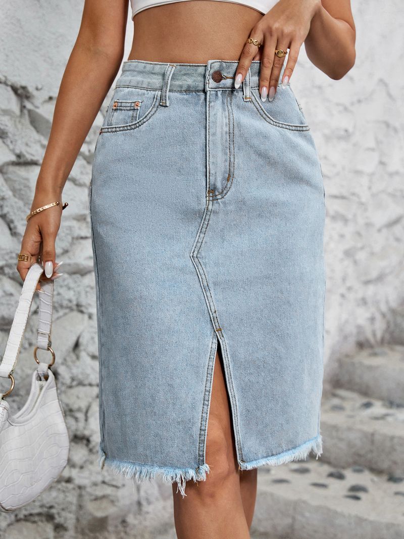 Gonna in denim semplice da donna, gonna alla moda con spacchi sui fianchi_voghion.com