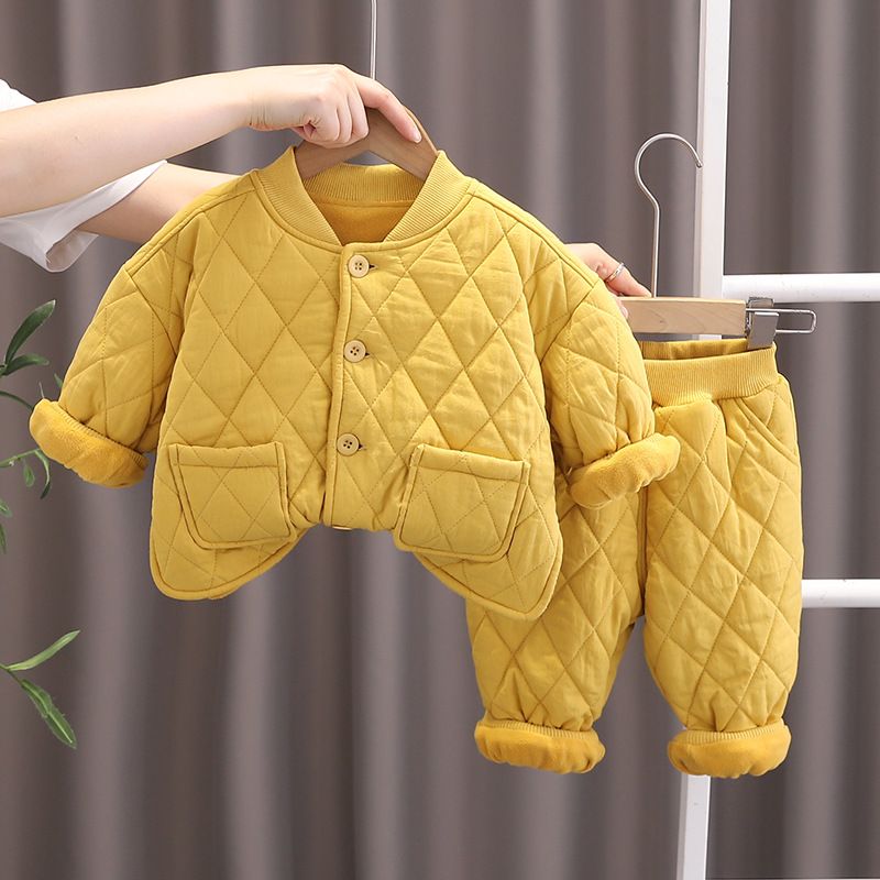 Autumn New Baby Children's Clothing Boys' Winter Outfit Fleece Lined Thickened Cotton Jacket Two-Piece Set_voghion.com