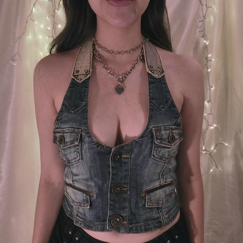 Jean femme rétro décontracté gilet en jean pour femme_voghion.com
