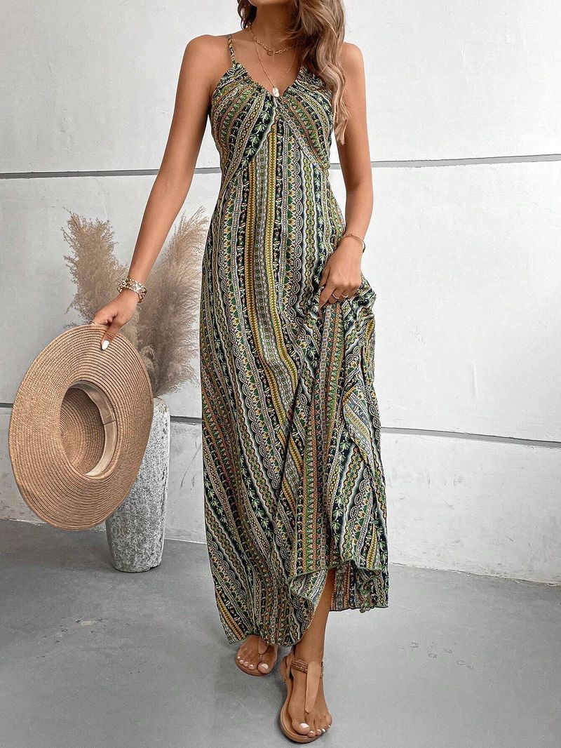 Vestido sencillo con estampado de falda en forma de A, plisado, dividido y cremallera_voghion.com