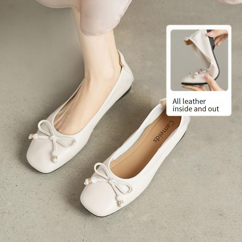【Full Leather Inside And Out, Soft Sole And Soft Upper】Cameido 2025 Autumn Pearlized Lamb Leather Bow Flat Single Shoes_voghion.com