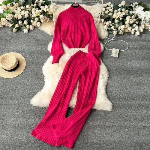 Internet Celebrity New High Collar Ribbed Pullover Sweater Women's High Waist Wide Leg Trousers Winter Lazy Style Knit Sweater Two Piece Suit_voghion.com