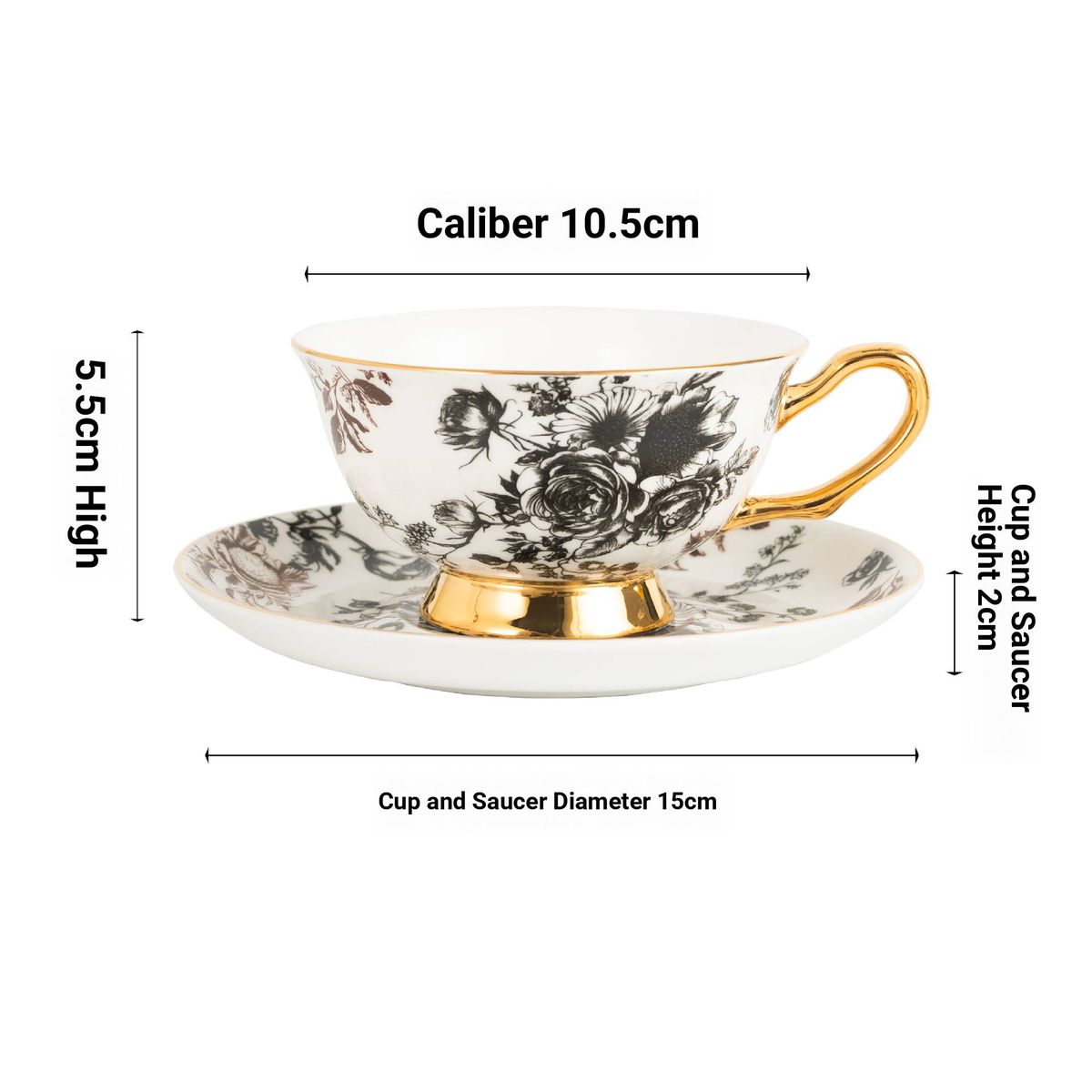 Kaffeetassen-Set aus feinem Bone China mit Goldrand – Elegante Tee- und Espressotassen mit floralem Muster und Löffel – Luxuriöses Nachmittagstee-Set für Zuhause und Café_voghion.com