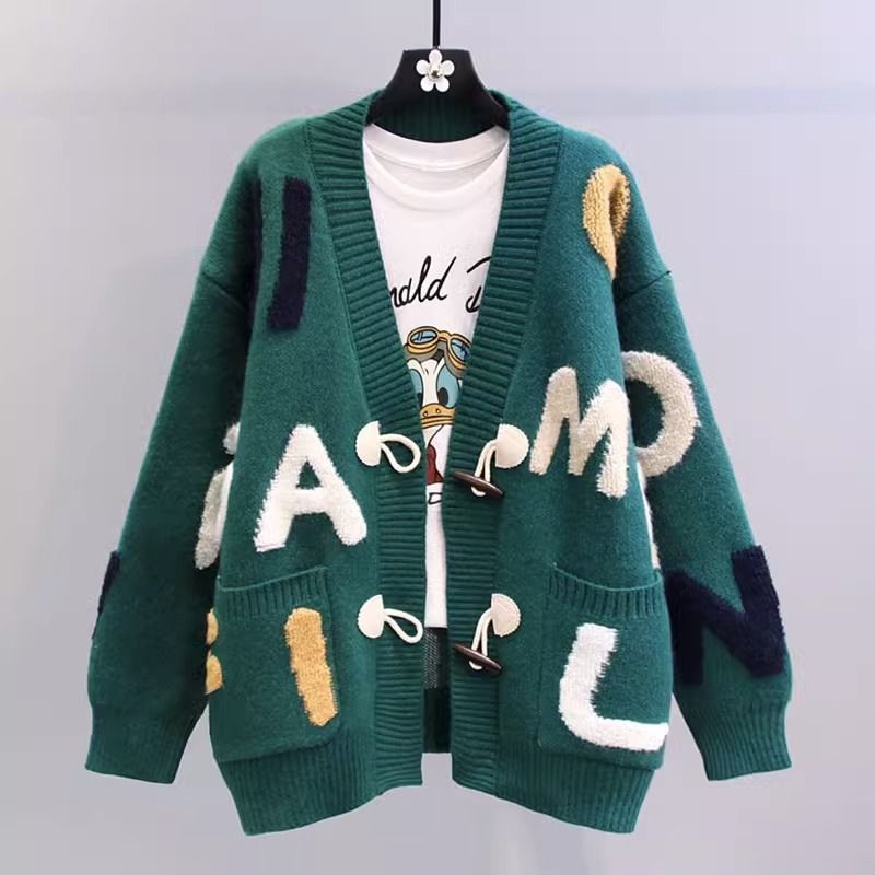 Abbigliamento da donna Fat mm elegante giacca maglione con bottoni in corno e lettere_voghion.com