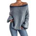 Women's Off-Shoulder Knit Sweater With Color Block Stripes & Lantern Sleeves – Relaxed Fit, Casual Elegance For Fall_voghion.com
