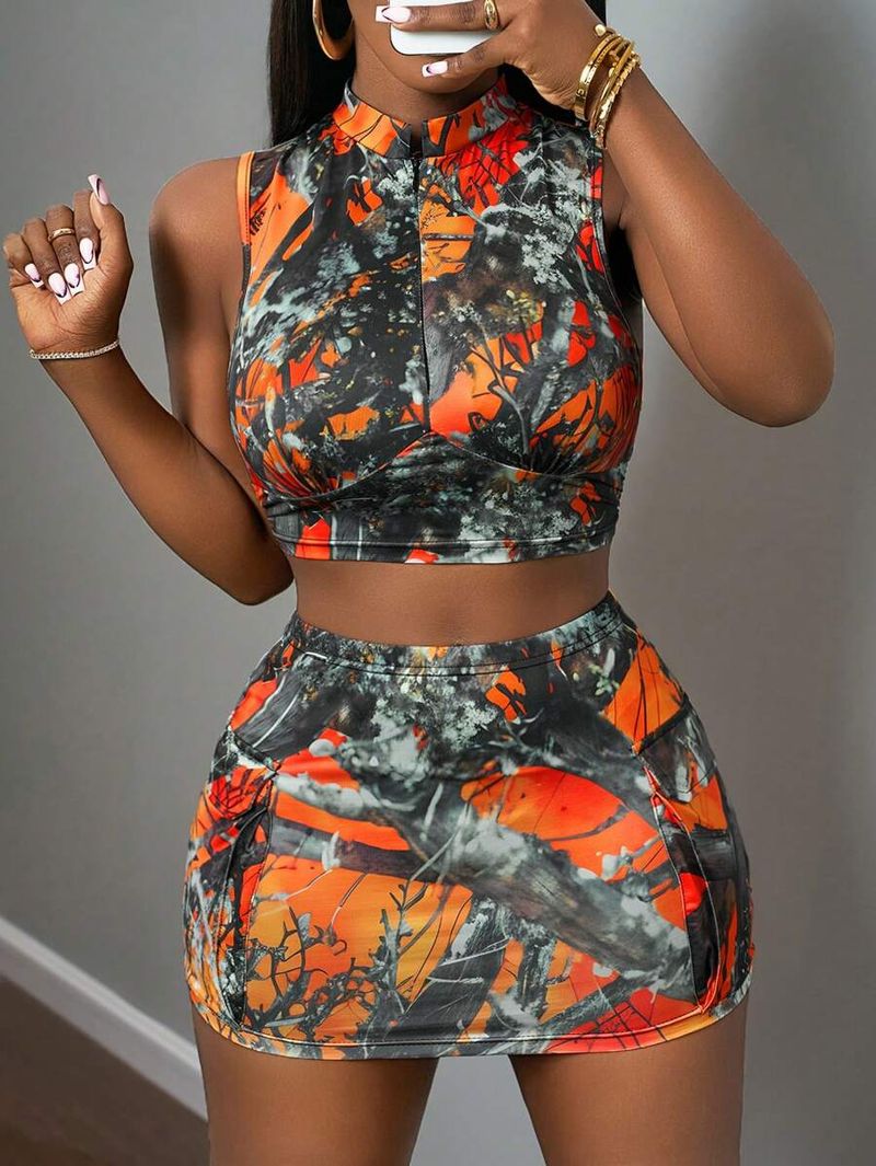 New Branch Print Fashion Kurzer Rock Zweiteiliges Set Damenbekleidung_voghion.com