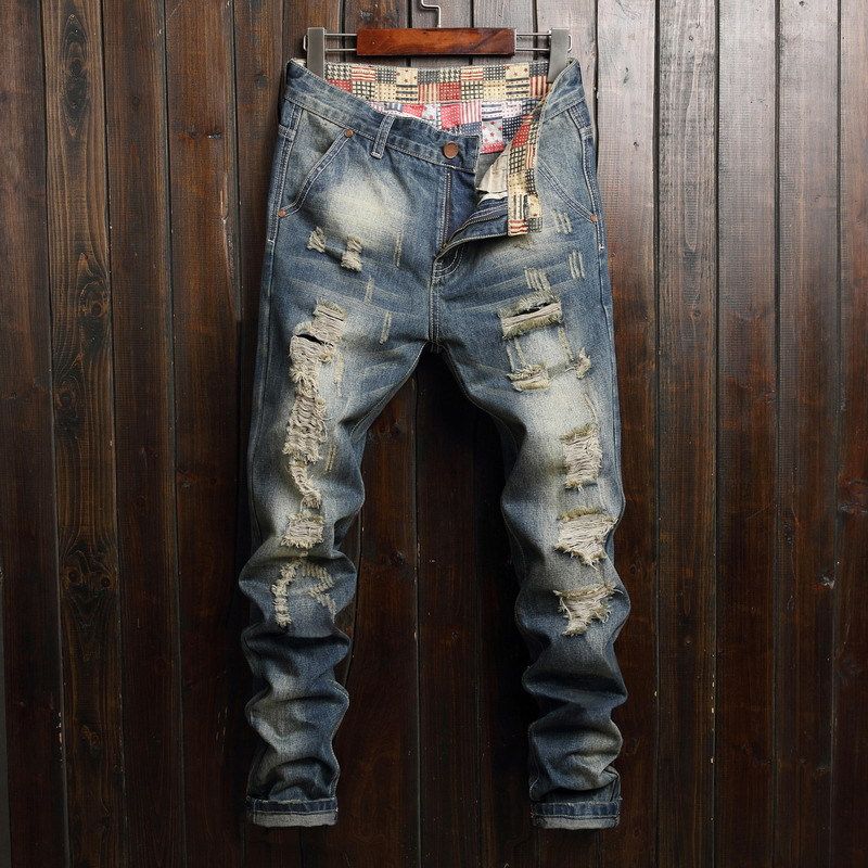 Nouveaux jeans pour hommes Jeans à gros trous pour hommes Pantalons à coupe droite pour personnalité de la mode pour hommes_voghion.com