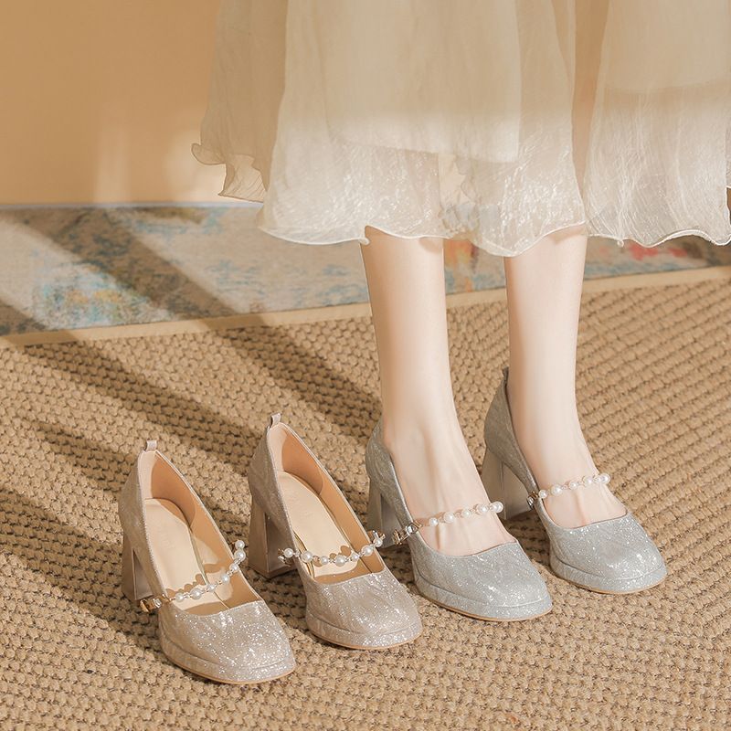 Women's Shoes Champagne Bridal Shoes Square Toe Mary Jane Pumps With Chunky Heel Platform Comfortable Dress Shoes For Wedding & Special Occasions_voghion.com