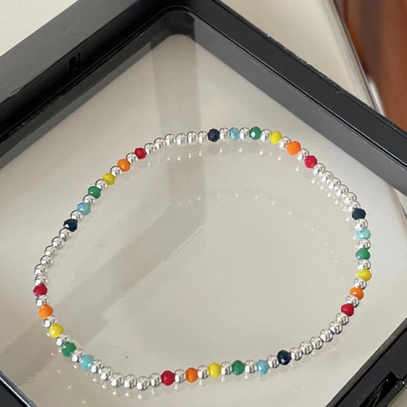 Koreaanse stijl puur zilveren handgemaakte kralen elastische regenboog touw voor meisjes high-end ins frisse schattige enkelband_voghion.com