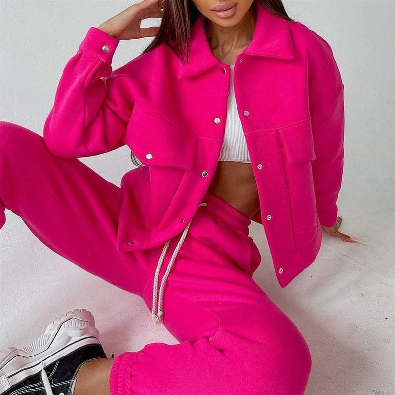 Completo casual da donna con blazer e pantaloni – Completo due pezzi in poliestere elasticizzato (S-XL, nero/rosa/grigio/bianco/verde/kaki)_voghion.com