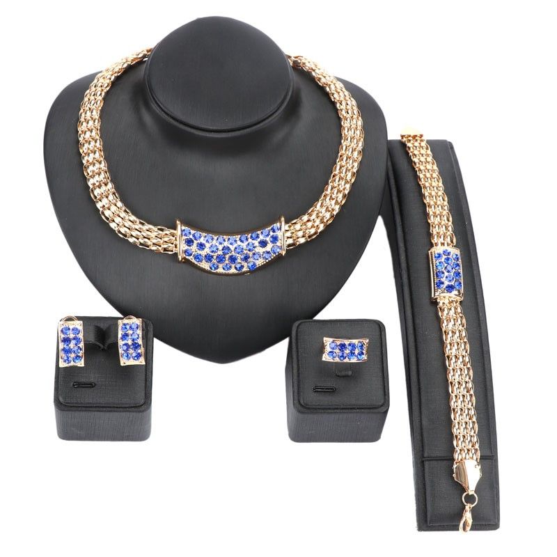 Afrikansk Bryllup Rhinestone Halskjede Sett Fest Kvinner Mote Brude Ring Armbånd Ørepynt Smykkesett_voghion.com