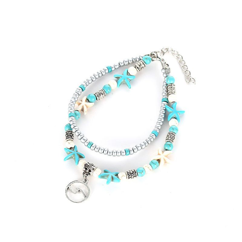Neues mehrschichtiges Fußkettchen-Set mit türkisfarbenem Seestern und Meeresschildkröte_voghion.com