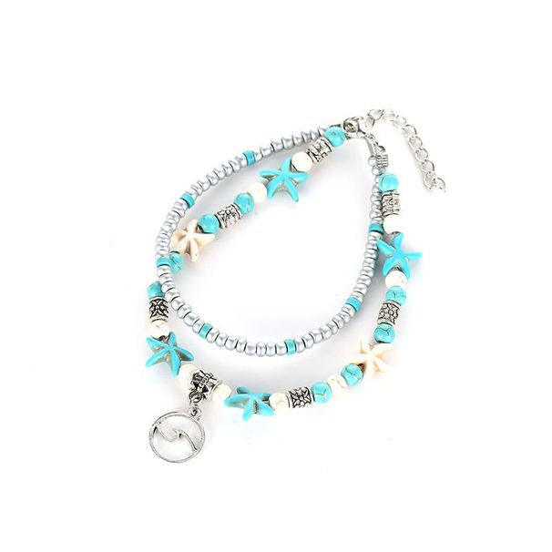 Neues mehrschichtiges Fußkettchen-Set mit türkisfarbenem Seestern und Meeresschildkröte_voghion.com