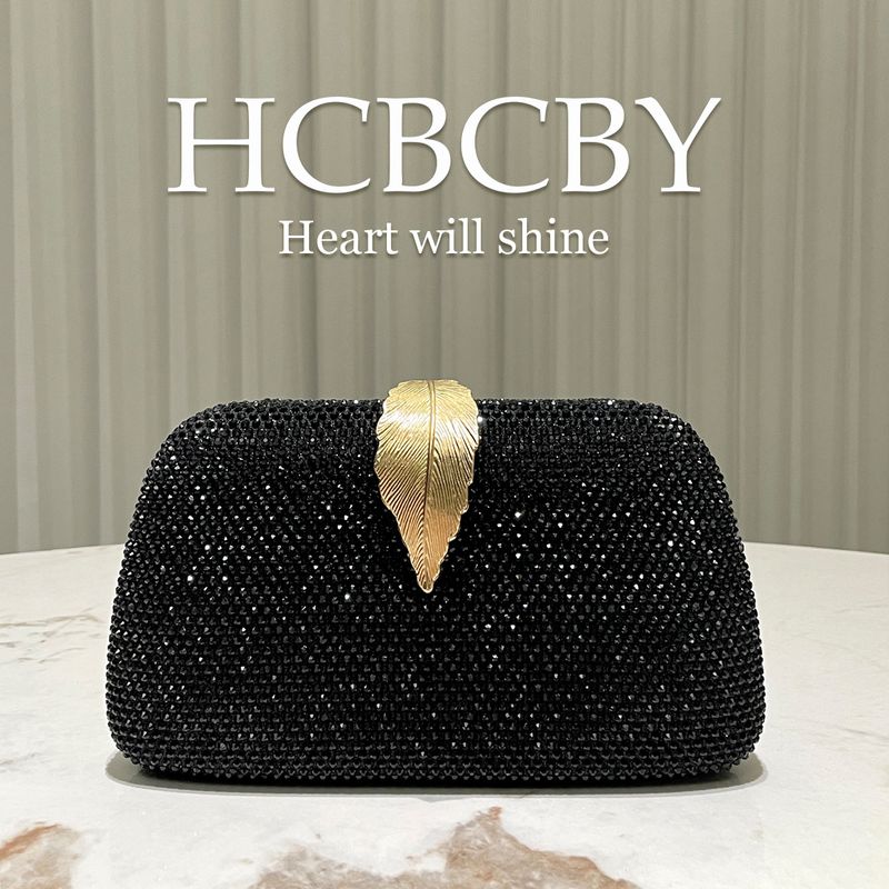 Borsa da sera nera con strass lucidi - Piccola borsa da donna con fibbia a foglia bifacciale (alla moda e perfetta per feste e occasioni speciali)_voghion.com