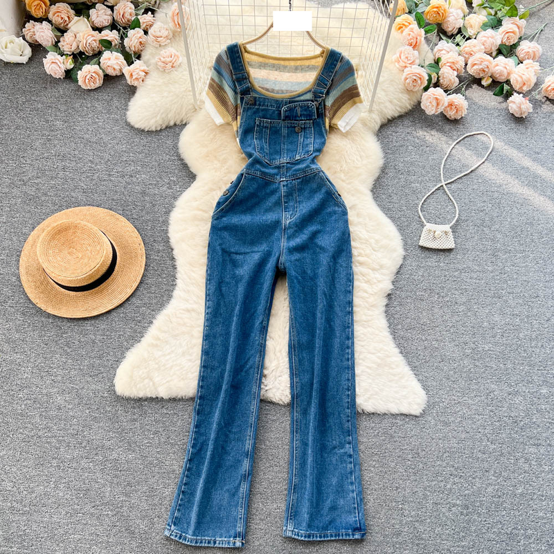 Tricou subțire cu mânecă scurtă, pantaloni dintr-o singură bucată, cu talie înaltă, set din două piese_voghion.com