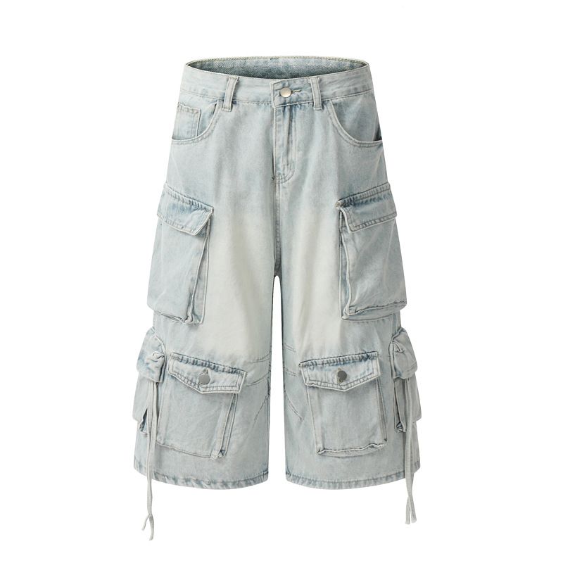 Jeans da lavoro lavati e consumati, multitasche, stile retrò da uomo, pantaloncini dritti larghi alla moda da uomo_voghion.com
