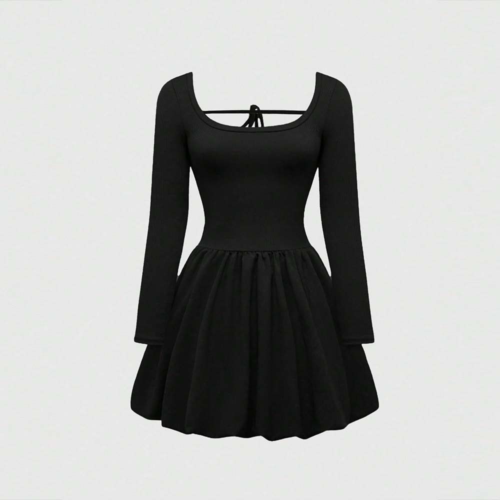 Grouss Gréisst Damen U-Ausschnëtt Sexy Kleed Hierscht a Wanter Héich Taille A-Linn Schnürsenkel Slim Fit Kuerzrock fir Fraen_voghion.com