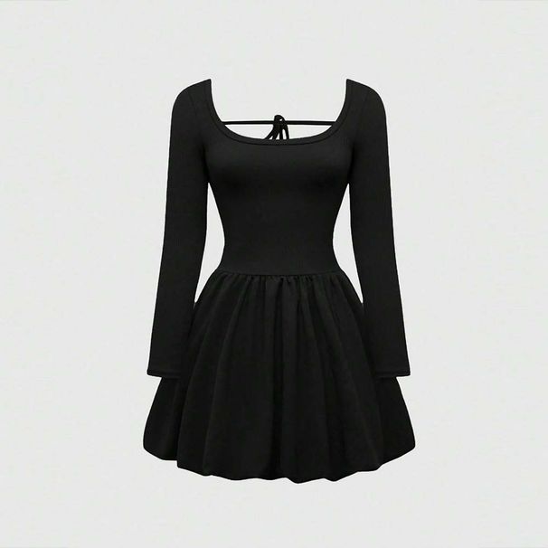 Grouss Gréisst Damen U-Ausschnëtt Sexy Kleed Hierscht a Wanter Héich Taille A-Linn Schnürsenkel Slim Fit Kuerzrock fir Fraen_voghion.com