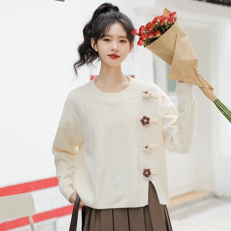 Bocaqi 2023 Spring and Autumn New College Style Long Sleeve Loose Twisted Flower Knitted for Women, Short Style, Split_voghion.com